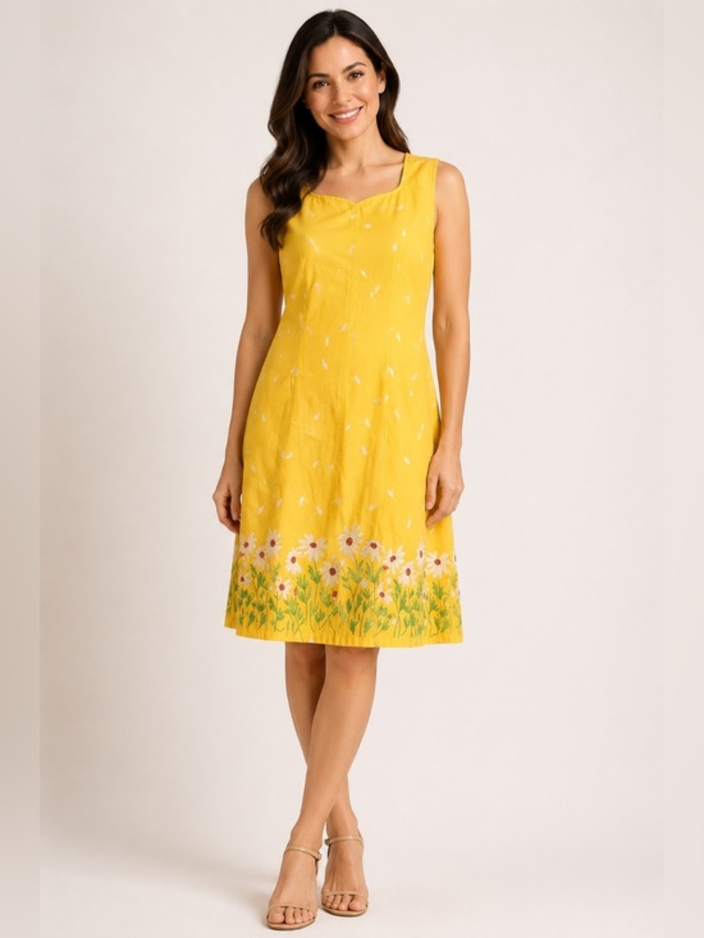 Real Comfort Vintage Yellow Cotton Dress Daisy Floral Border Sleeveless Medium